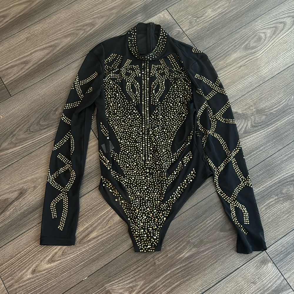 Gold Rhinestone Thong Bodysuit